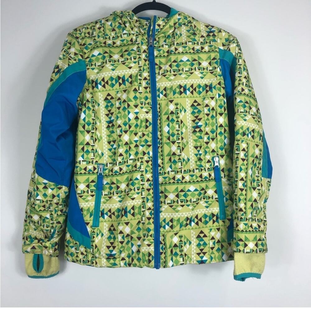 Lands end girls green and blue geometric print winter jacket